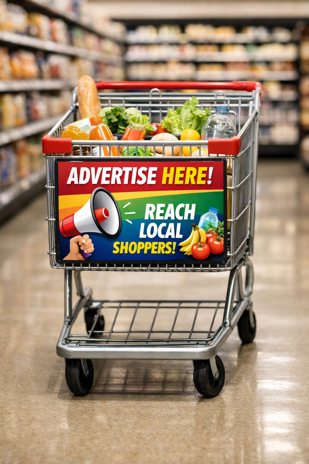 Grocery cart with advertising panel on front